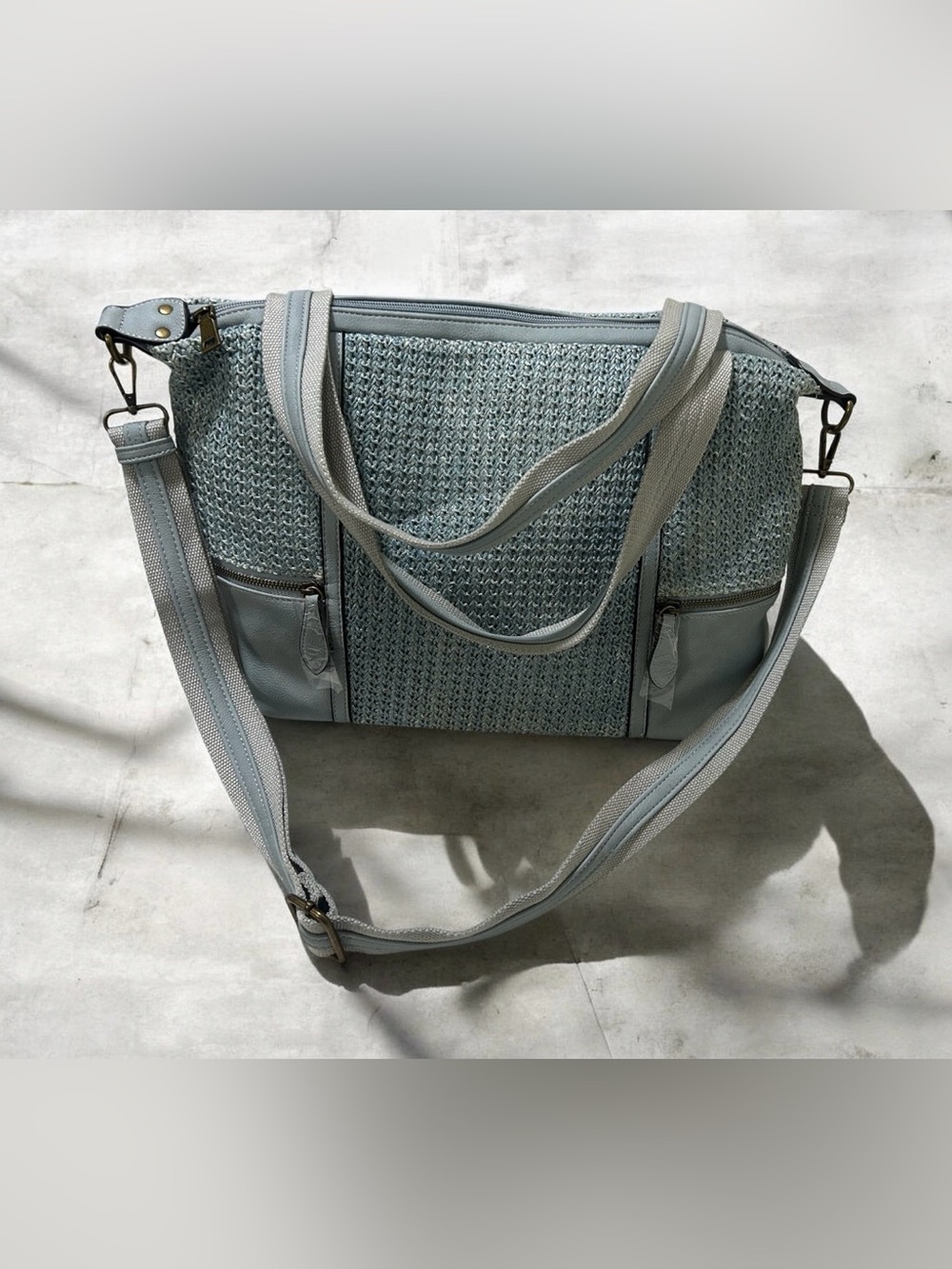Woven Light Blue Women’s Tote Bag with Shoulder Strap